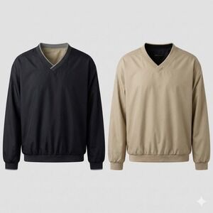 Wedge Golf Windbreaker Mens XXL Tan Black Reversible V-Neck Pullover Jacket EUC